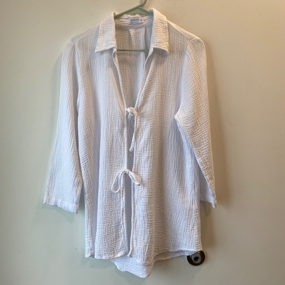 4OUR DREAMERS Tunic Women S White Gauze Tie Front 100% Cotton Beach Cover Up Top